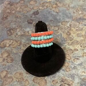 Turquoise and Coral Beaded Sterling Silver 4 Stack Rings